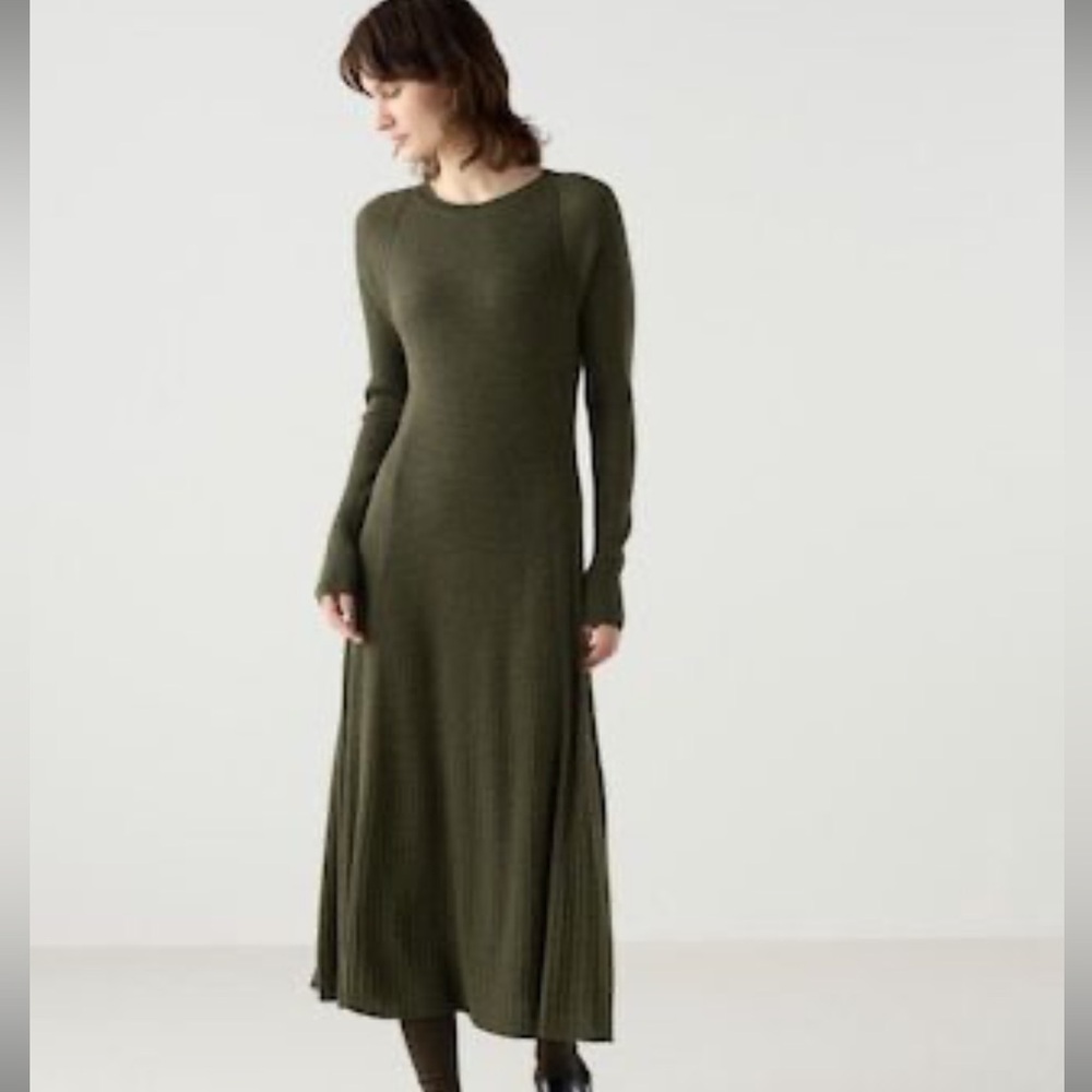 Uniqlo:C Wool Blend Ribbed Dress, Olive Green, Size S